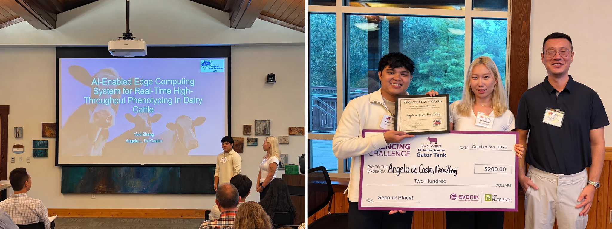 Fiona and Angelo presenting their dairy cattle phenotyping project, and celebrating their Second Place Gator Tank award with Dr. Yu